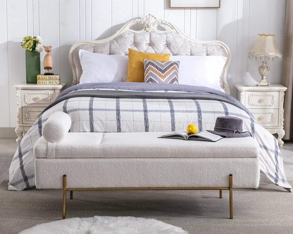 54 inches Faux Fur Upholstered Storage Bench with Gold Legs O773606