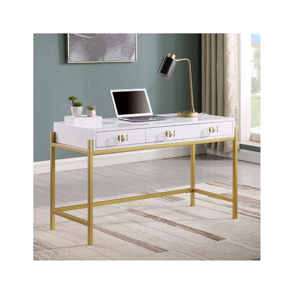 White Lacquered Computer Desk with Gold Frame K89901