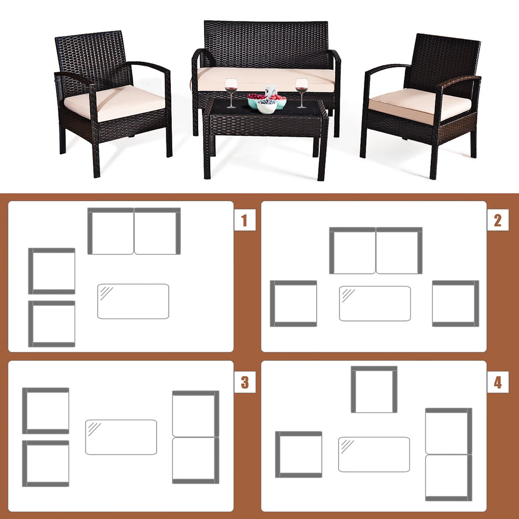 4 Pc Cushioned Patio Rattan Conversation Furniture Set E9294