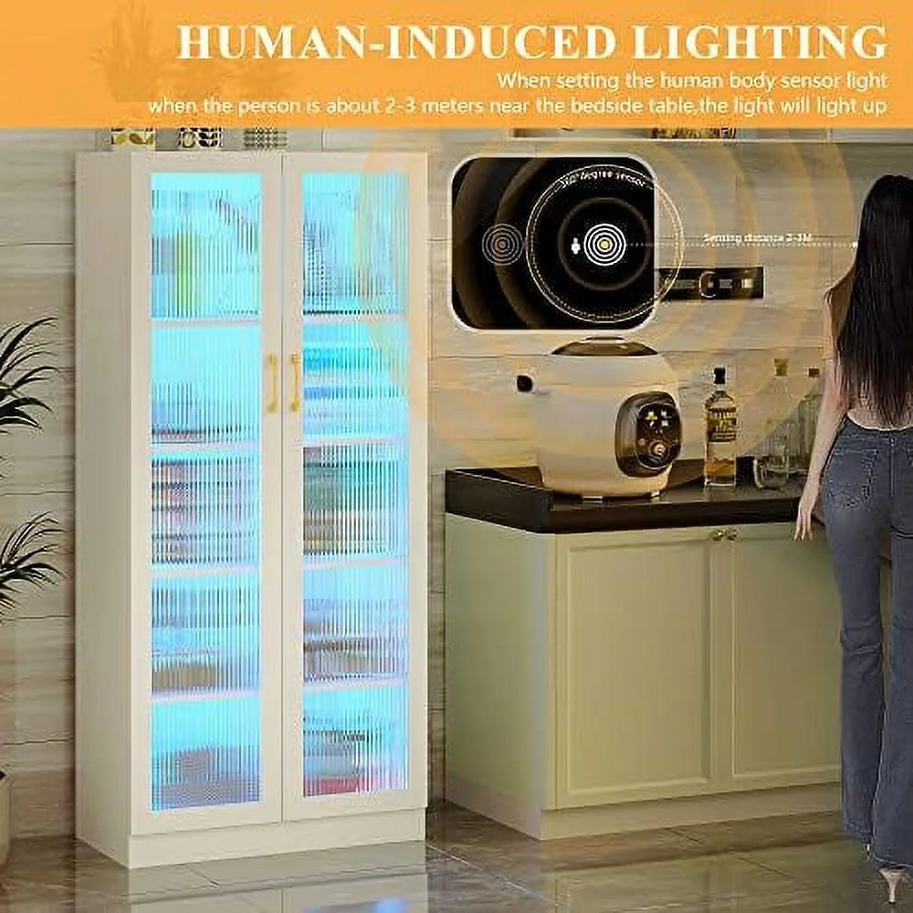 Tall Kitchen Pantry Cabinet with LED Light 5 Tier 2 Doors A71490