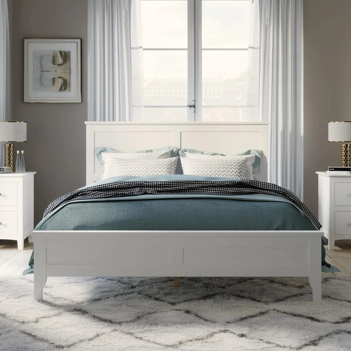 White Platform Bed with Headboard, Wood Bed Frame with Slat Support V304