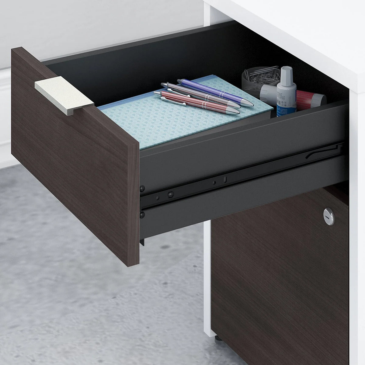 72W L Shaped Desk in White and Storm Gray A603158