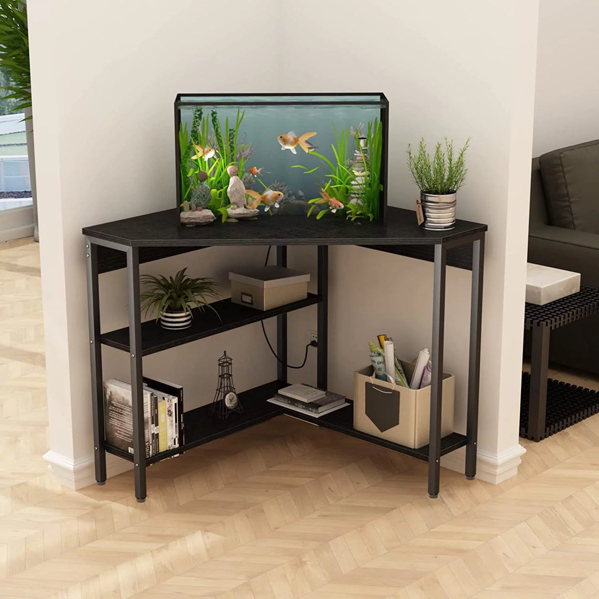 Corner Desk with Outlets USB Ports Storage Shelves I349