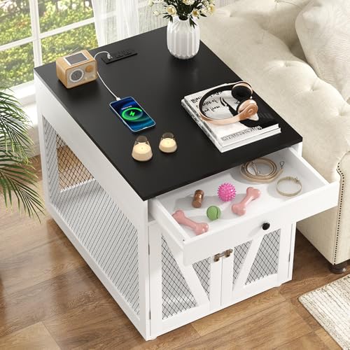 White Wooden Dog Crate End Table with Storage Drawer A110