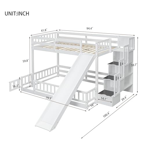 White Twin Over Full Bunk Bed with Slide and Stairs Q712