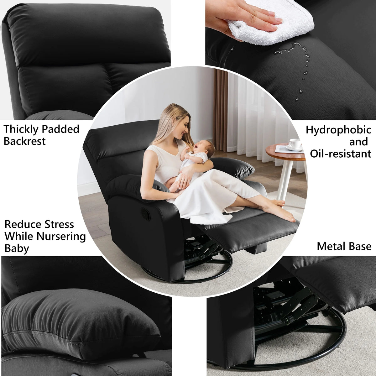Small Black Swivel Recliner Chair with Adjustable Footrest E368571