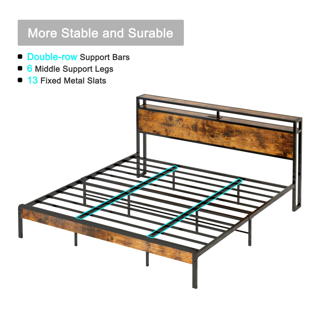 King Bed Frame with Storage Headboard and Charging Station J751