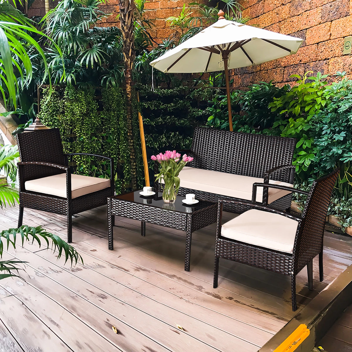 4 Pc Cushioned Patio Rattan Conversation Furniture Set E9294