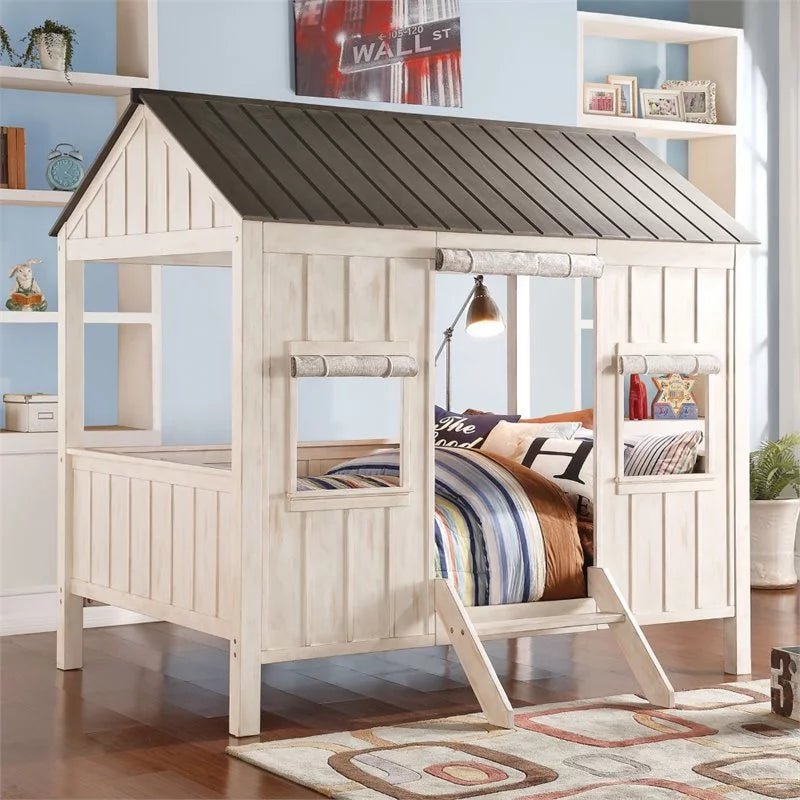 Wooden Frame Full Bed in Weathered White D81668