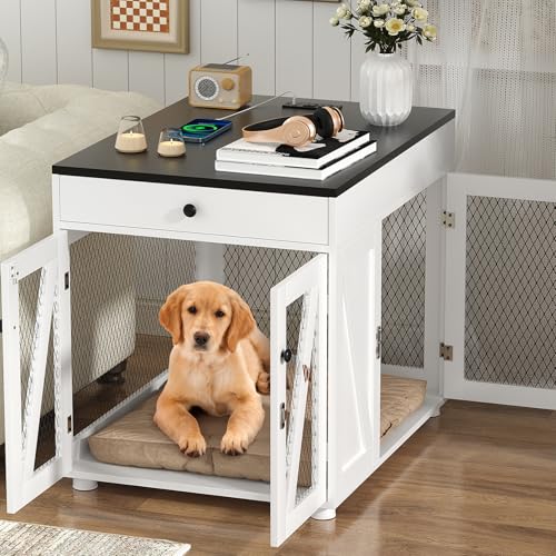White Wooden Dog Crate End Table with Storage Drawer A110