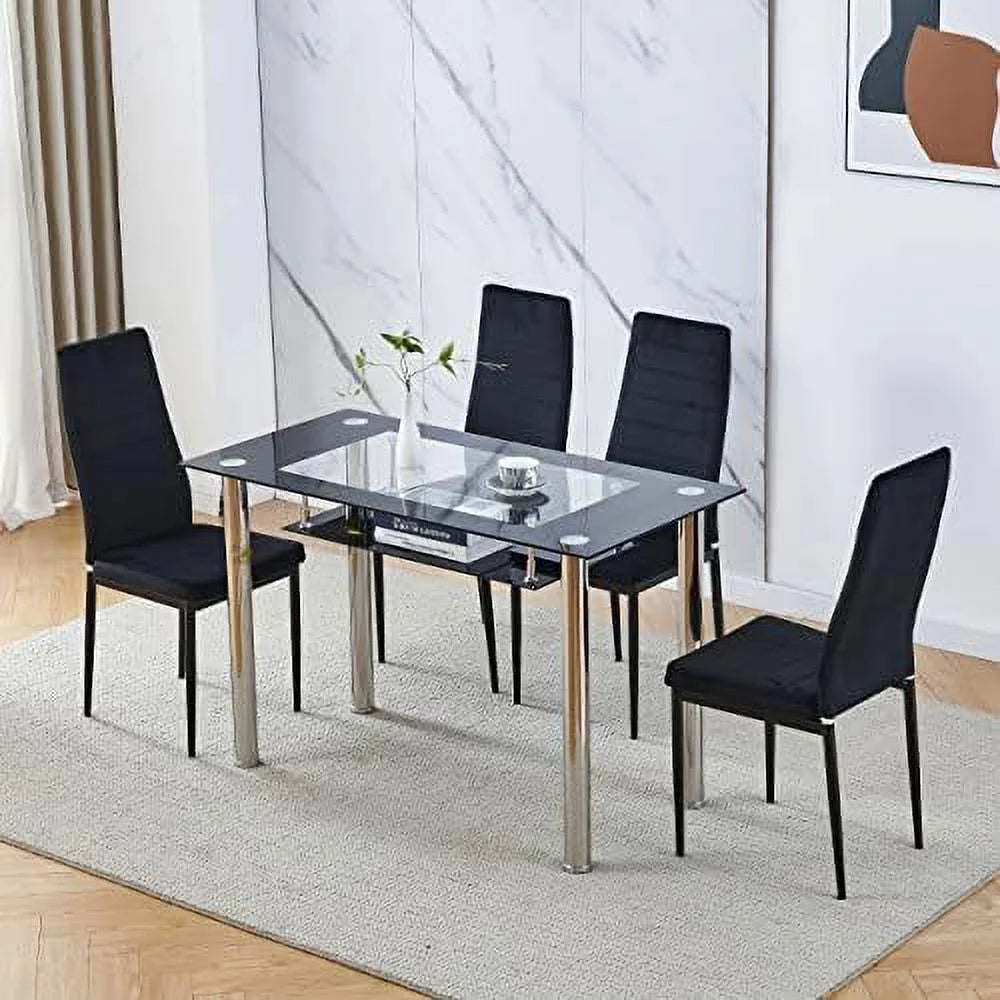 Rectangular Dining Table Chair Set with Glass Stainless Steel Legs E488