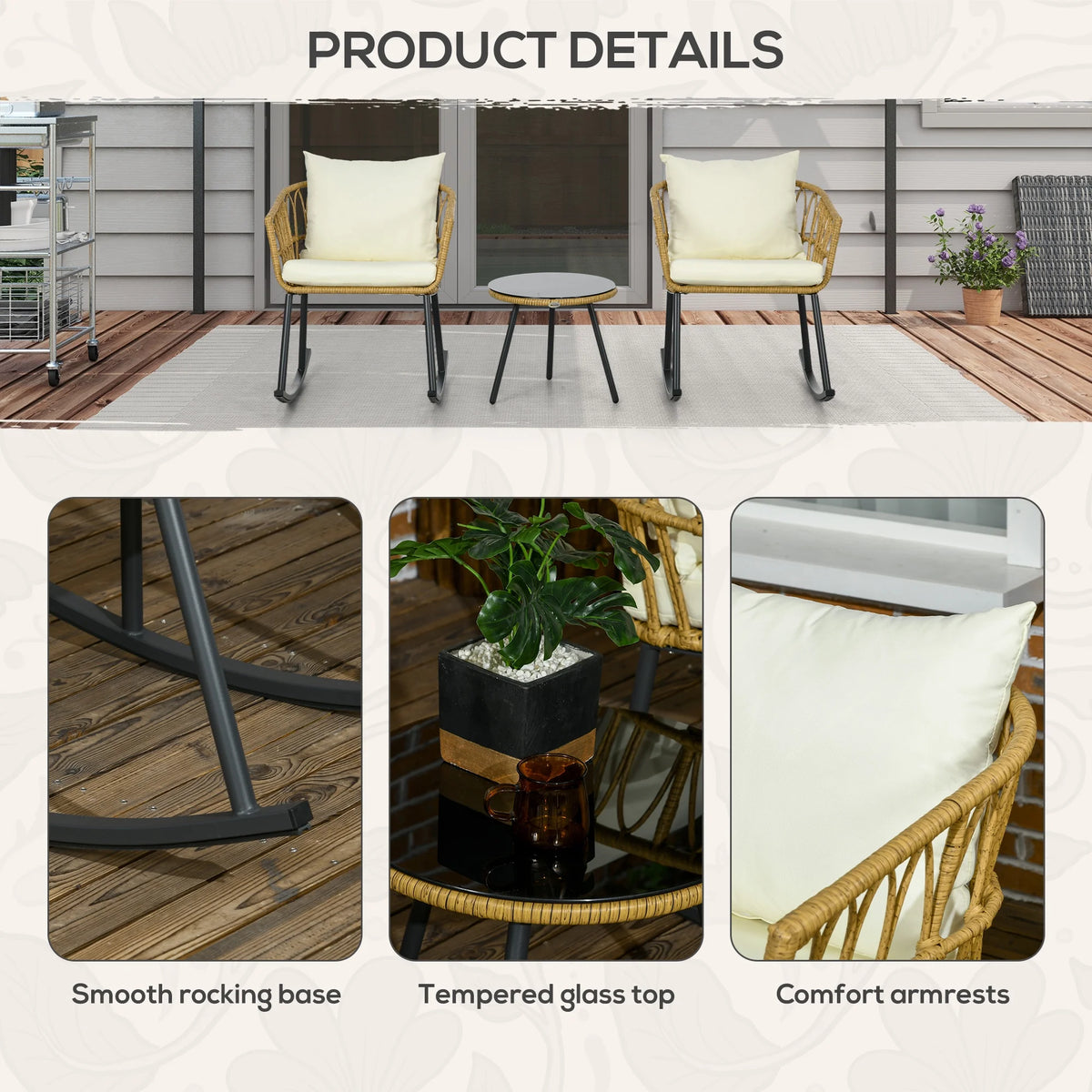 White 3 Piece Patio Rocking Chair Set with Cushions and Glass Top Z141