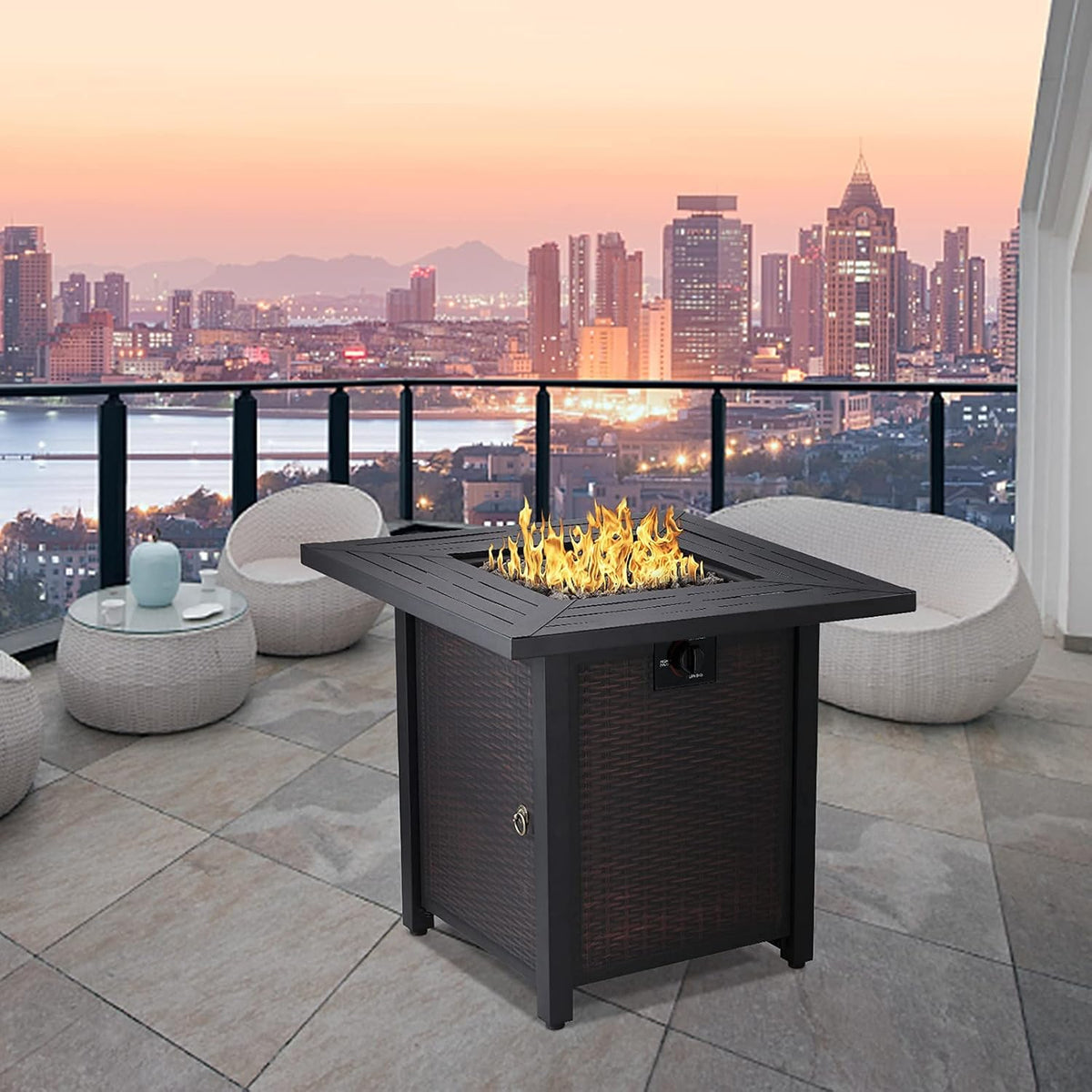 28 Inch Square Propane Fire Pit Table with Lid, Lava Stone, 50,000 BTU Auto-Ignition A807