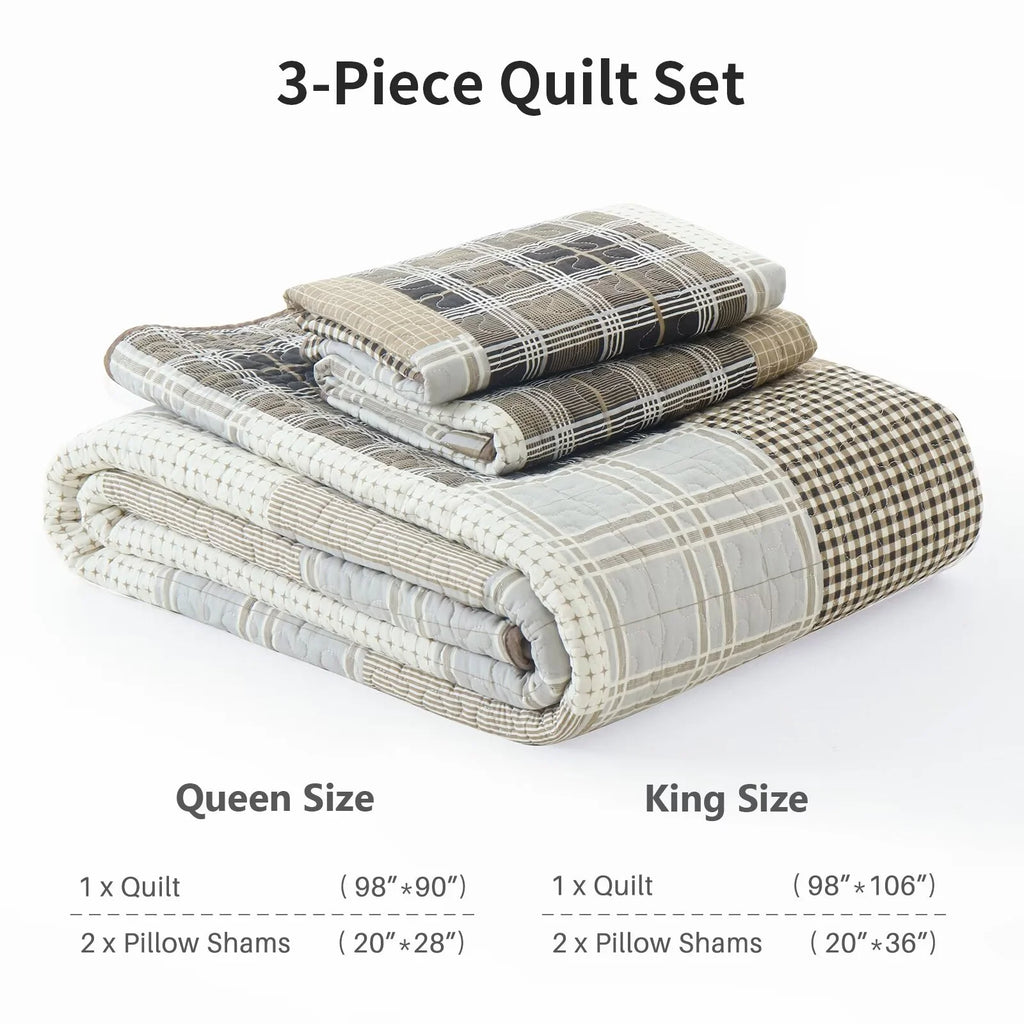 King Size 100% Cotton Beige Brown Patchwork Plaid Quilt Set 3-Piece K5475