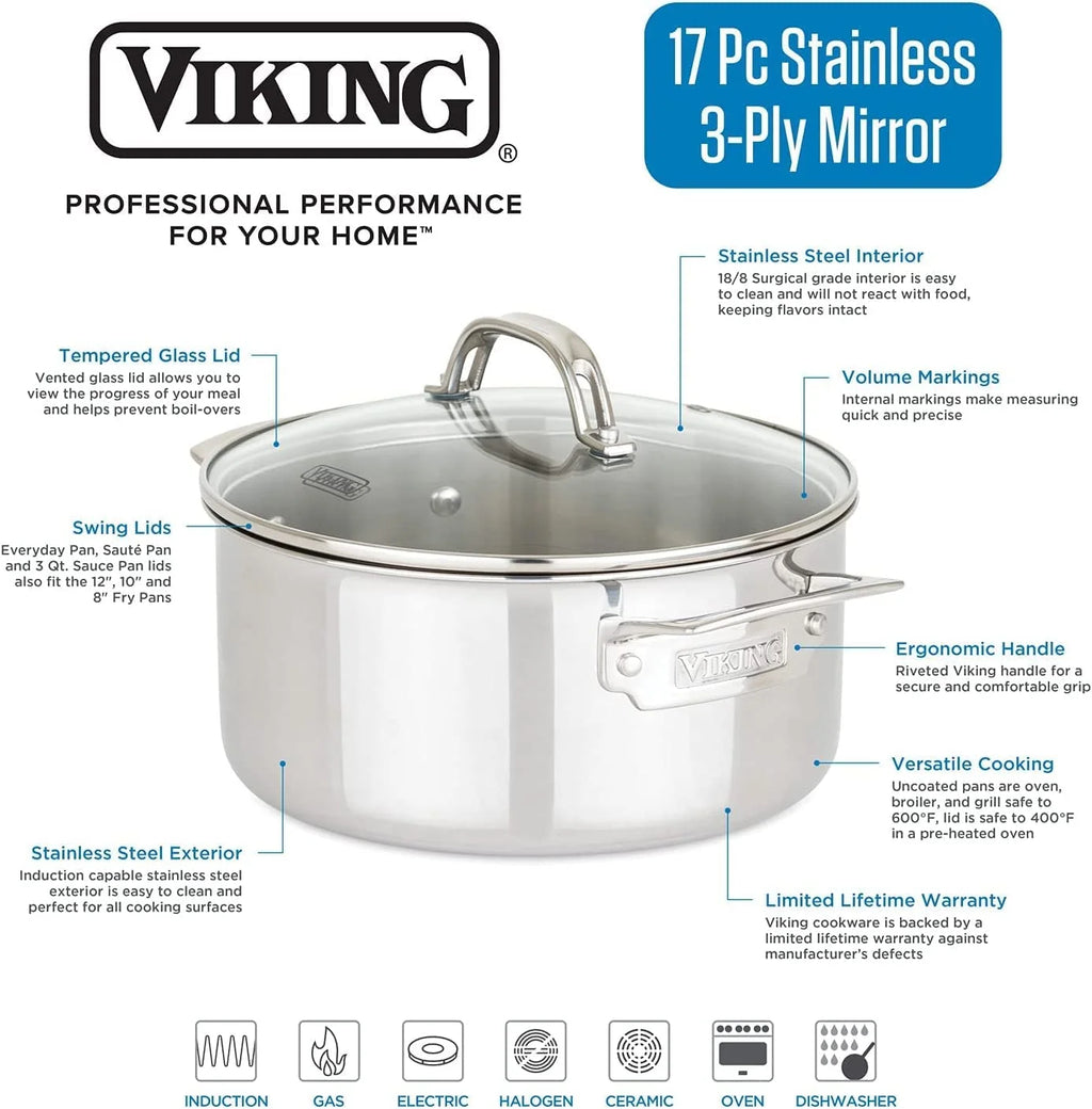 17pc Stainless Steel Cookware Set with Glass Lids Y385991