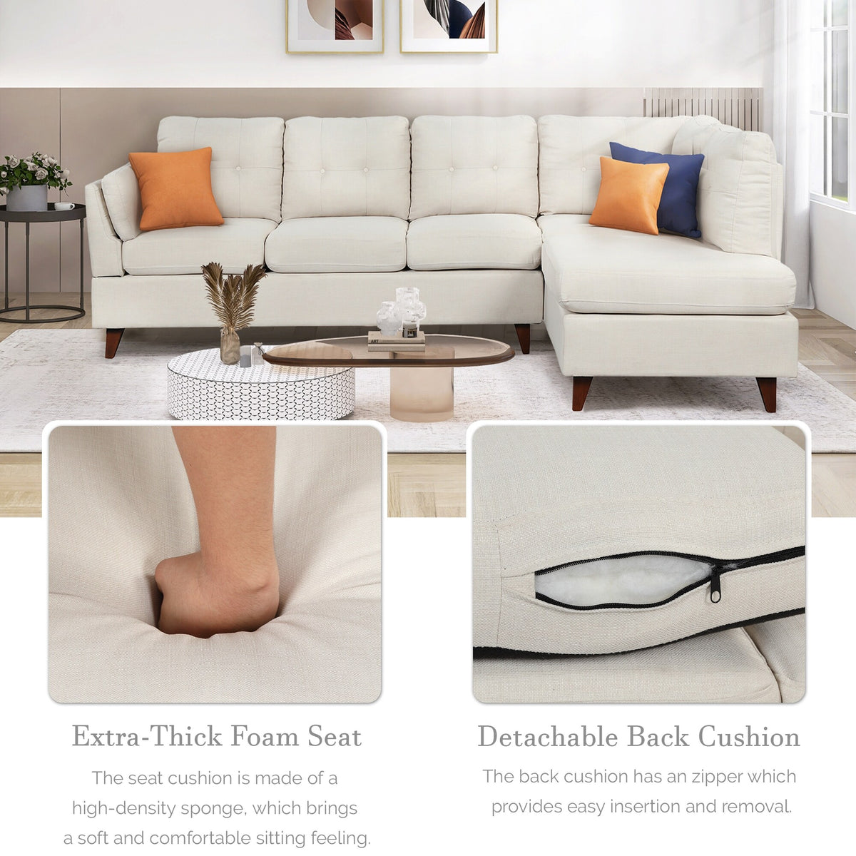 Beige Linen Fabric Sectional Sofa with Lumbar Pad M627