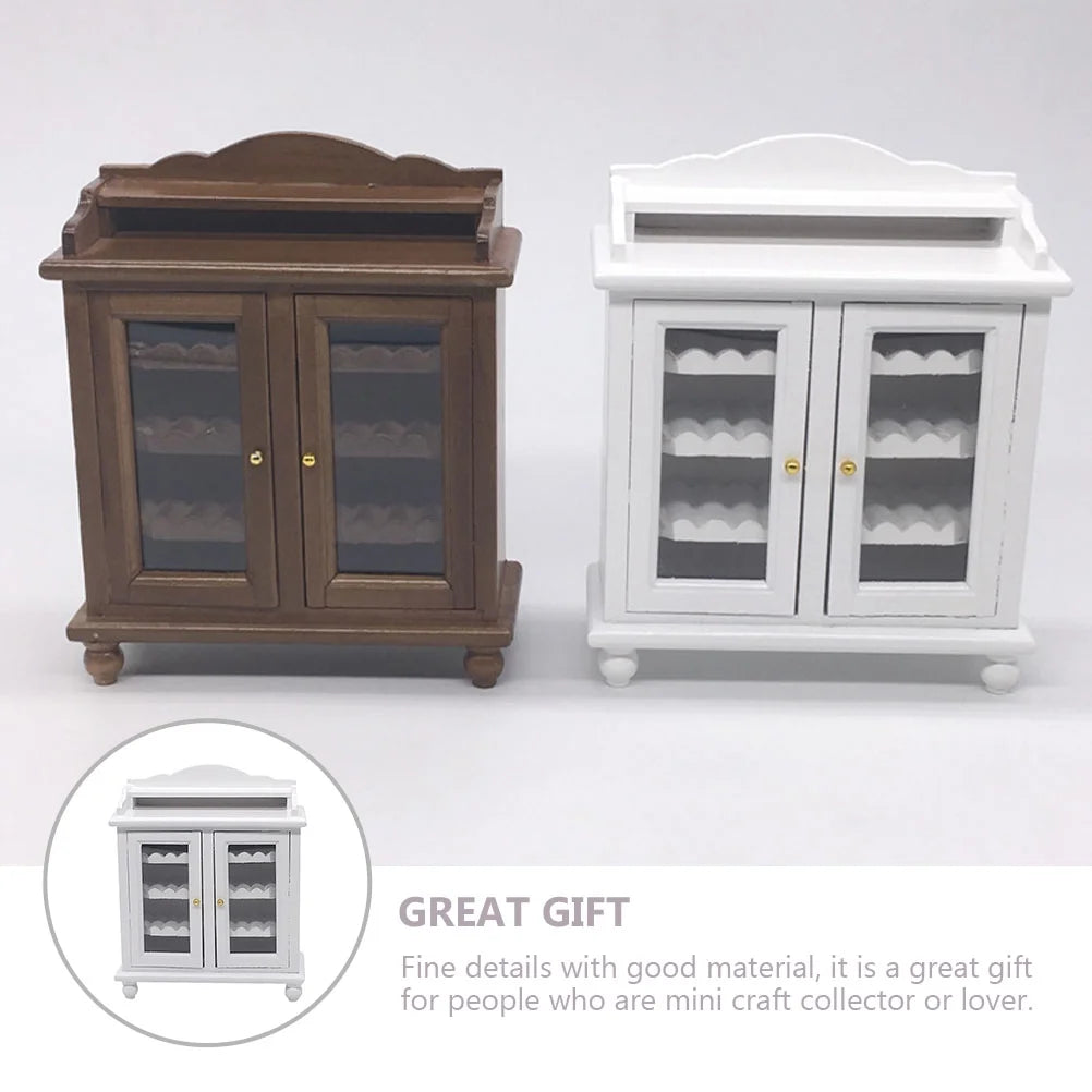 Miniature Wine Cabinet Kids Pretend Play Toy Doll House Decoration Walnut White Wood Q30818
