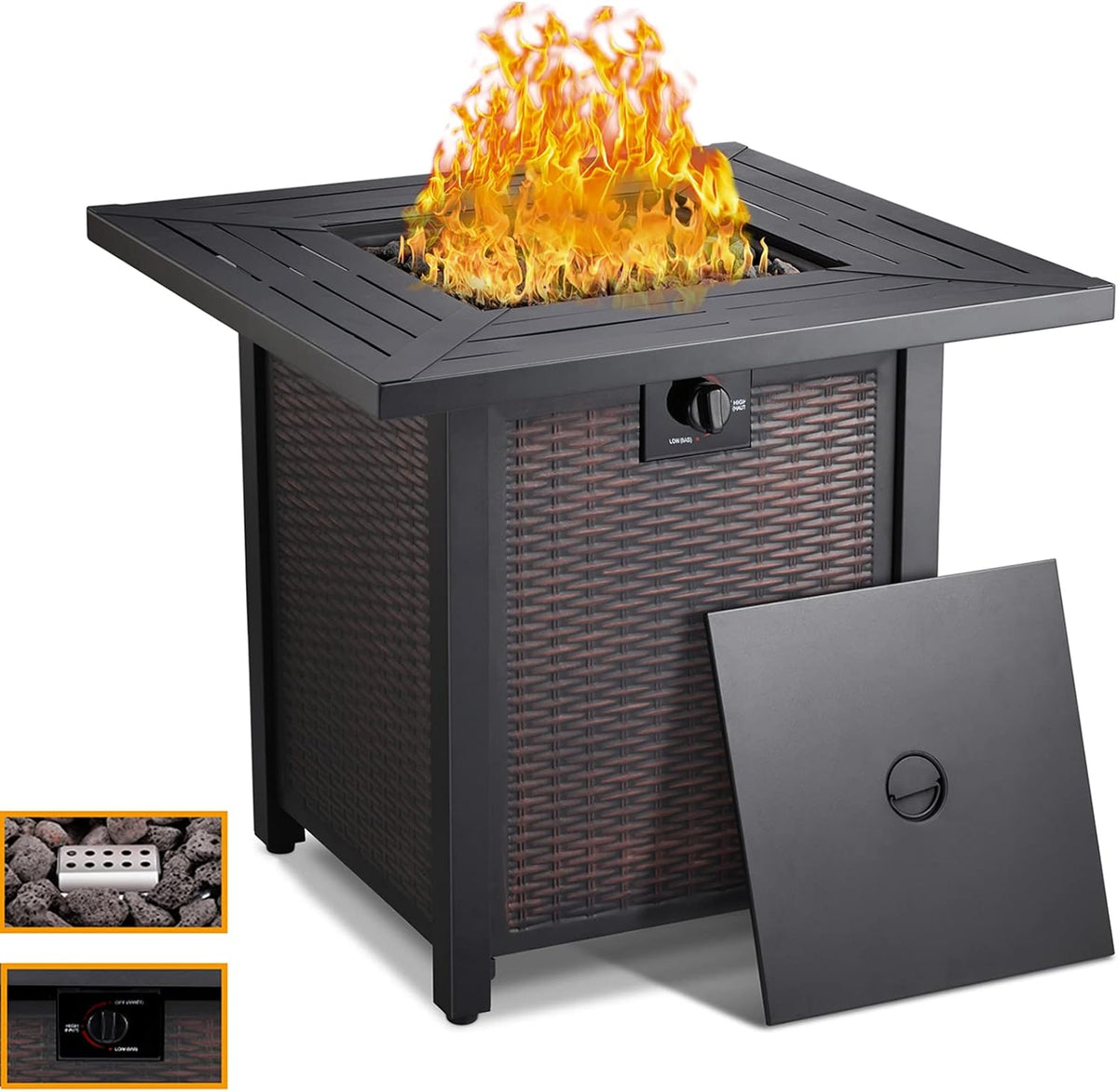 28 Inch Square Propane Fire Pit Table with Lid, Lava Stone, 50,000 BTU Auto-Ignition A807