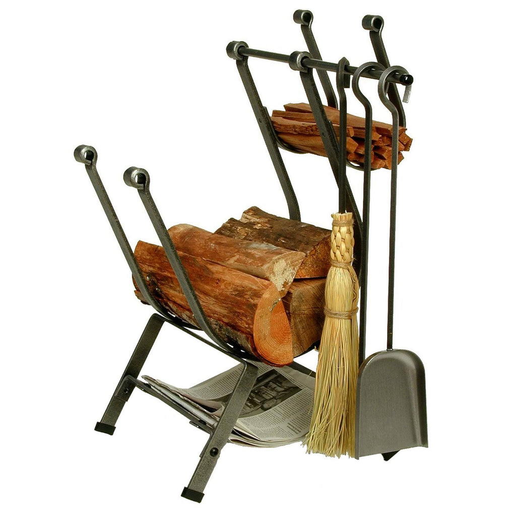 Hammered Steel Log Rack with Fireplace Tools D343289