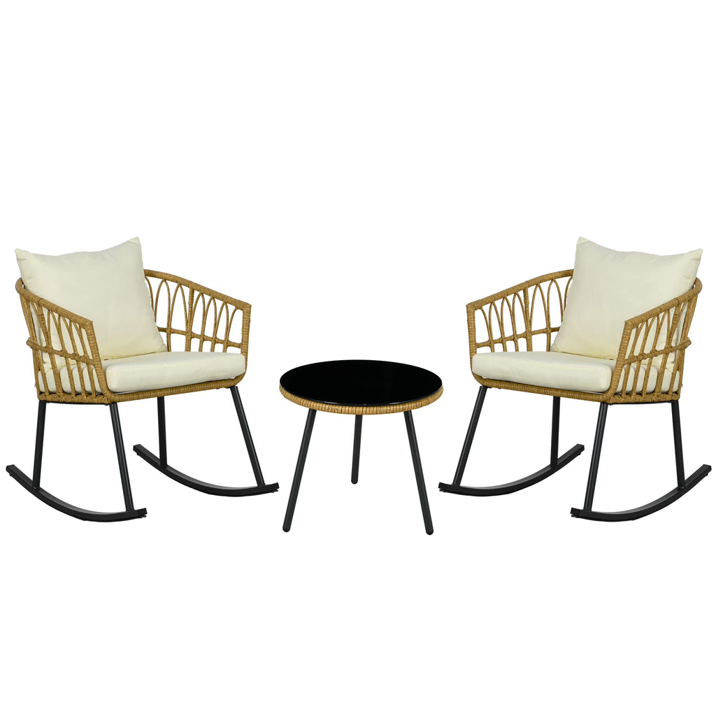 White 3 Piece Patio Rocking Chair Set with Cushions and Glass Top Z141