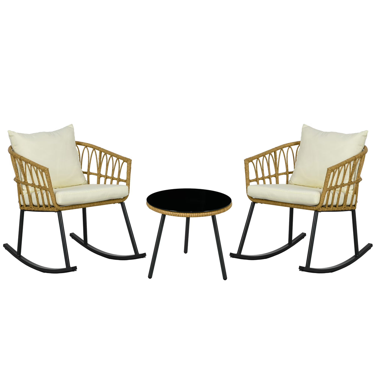 White 3 Piece Patio Rocking Chair Set with Cushions and Glass Top Z141