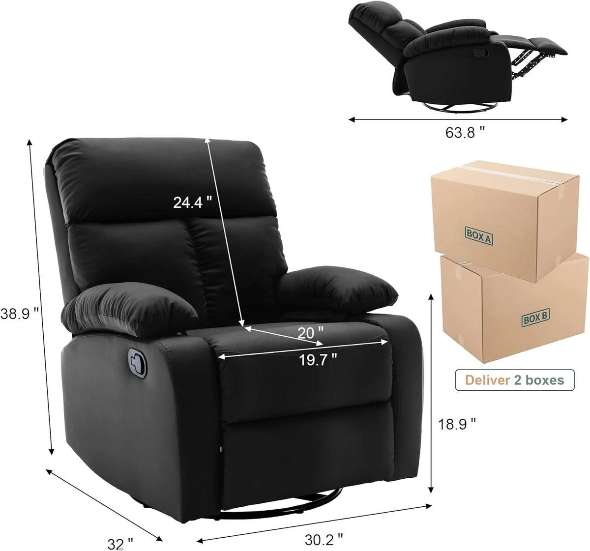 Small Black Swivel Recliner Chair with Adjustable Footrest E368571