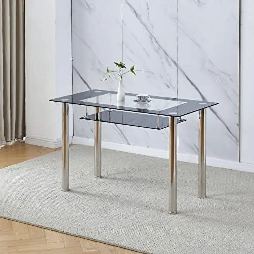 Rectangular Dining Table Chair Set with Glass Stainless Steel Legs E488