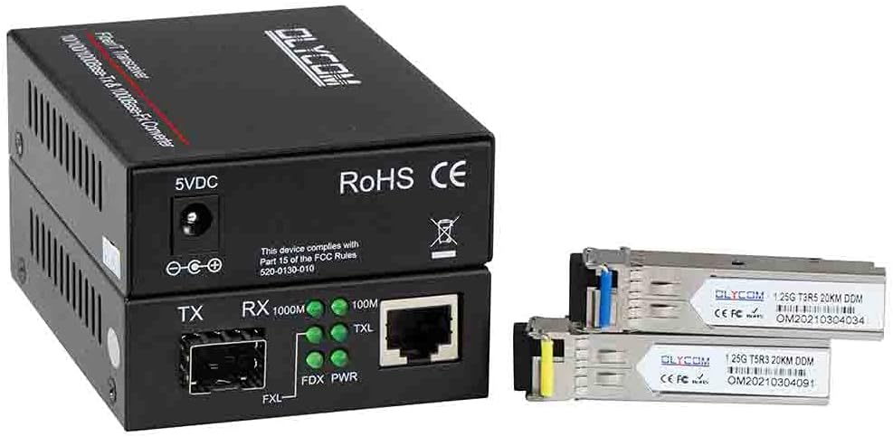 Gigabit Ethernet Fiber Optical Media Converter Bidi 10/100/1000Base-Tx SM 20km to RJ45 Port with 1.25Gbs SFP Transceivers Y947110