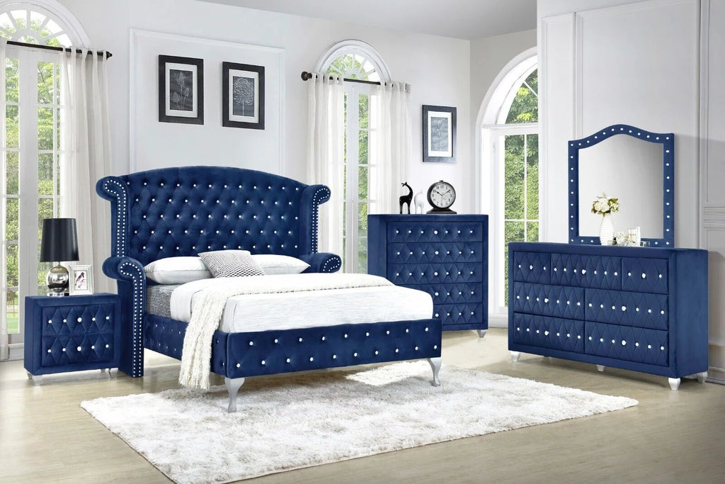 King Size 4Pc Blue Velvet Bedroom Set P557226