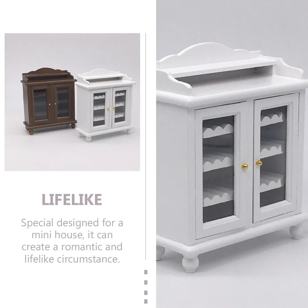 Miniature Wine Cabinet Kids Pretend Play Toy Doll House Decoration Walnut White Wood Q30818