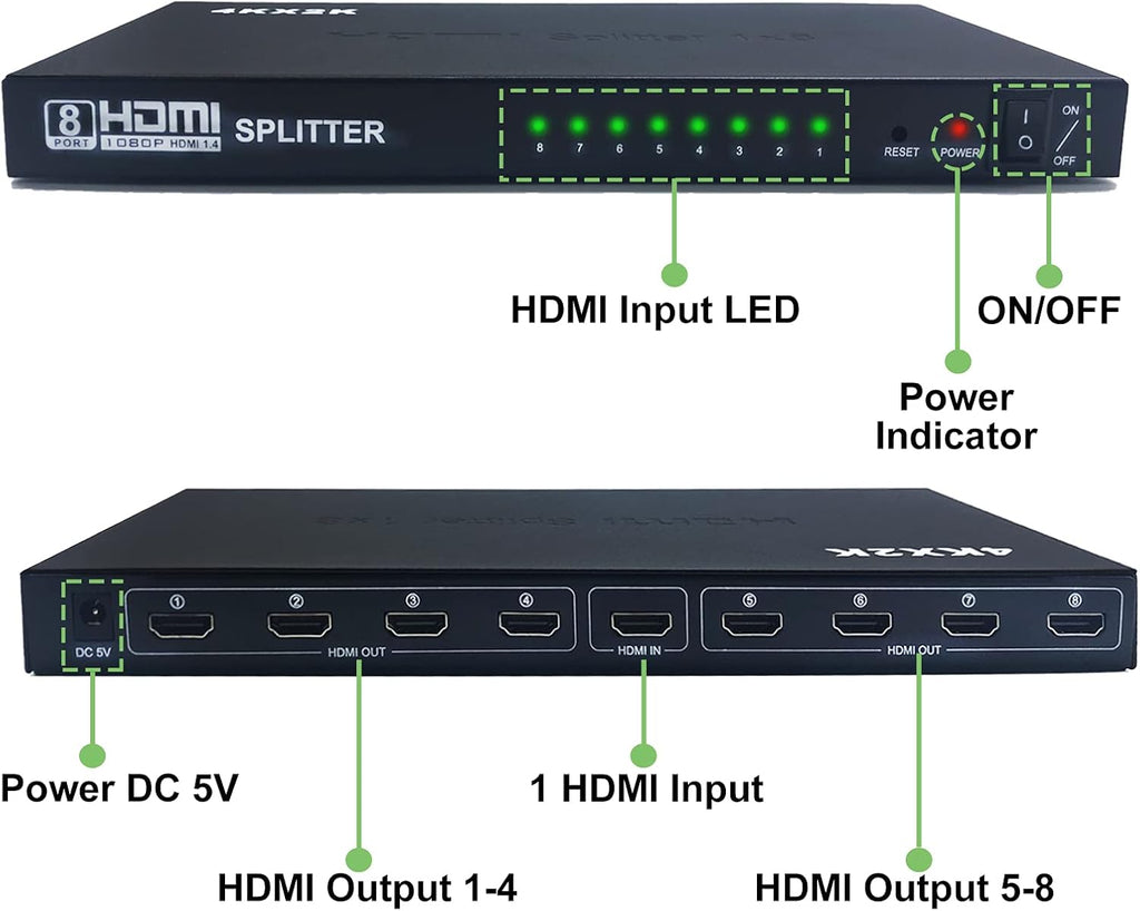 HDMI Splitter 1 in 8 Out, 4K@30Hz, Pack of 2 V602