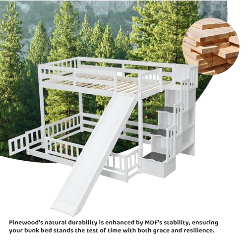 White Twin Over Full Bunk Bed with Slide and Stairs Q712