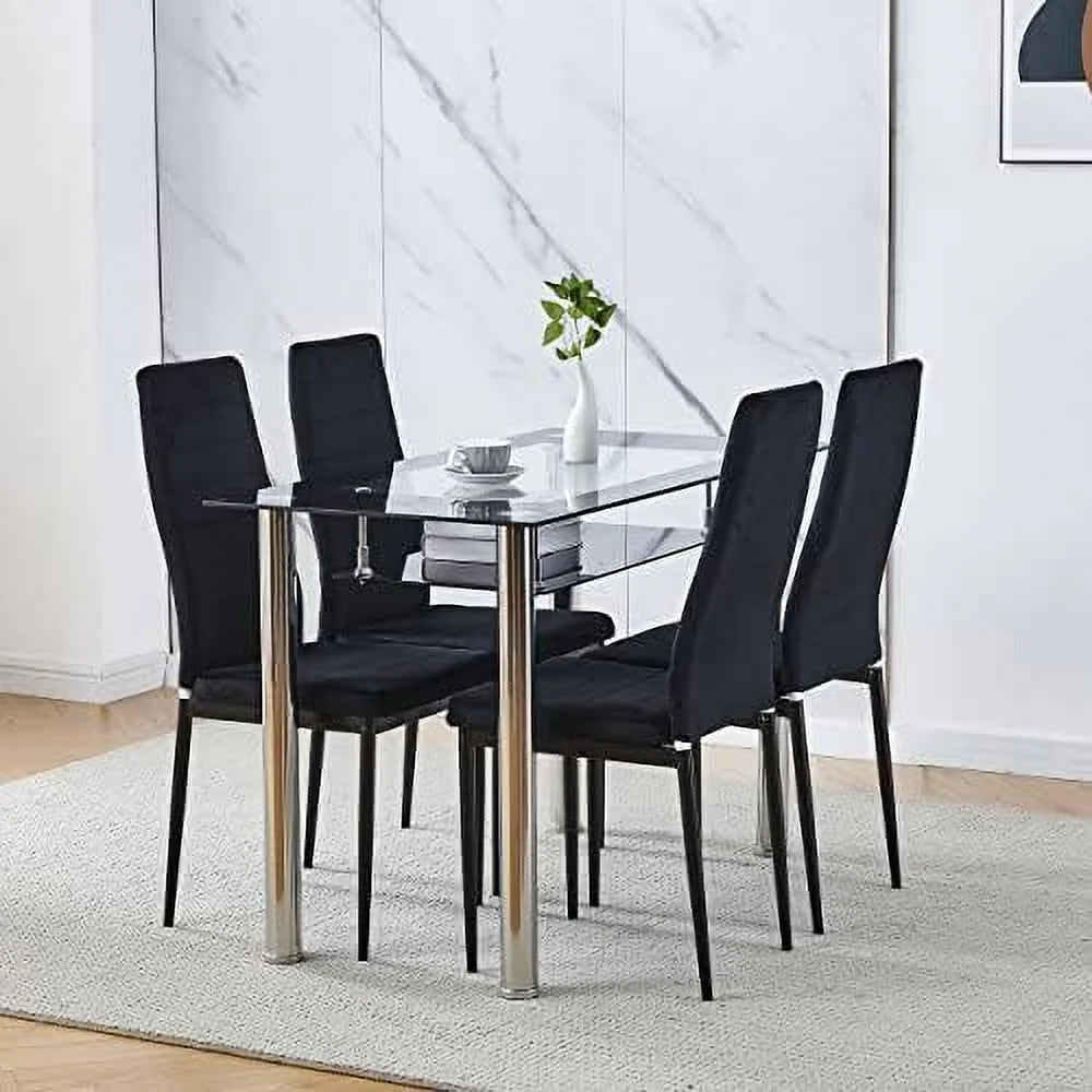 Rectangular Dining Table Chair Set with Glass Stainless Steel Legs E488