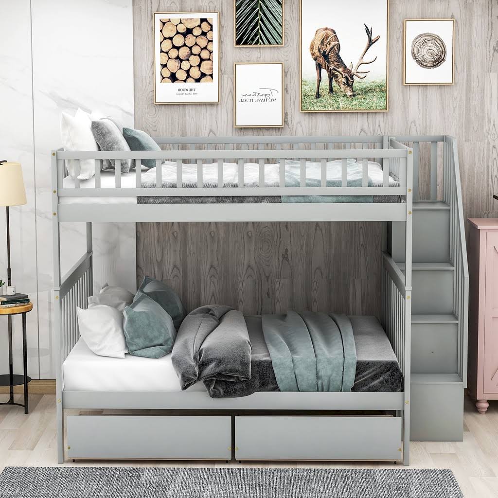 Full Over Full Bunk Bed with Storage Shelves and 2 Under Storage Drawers R9657