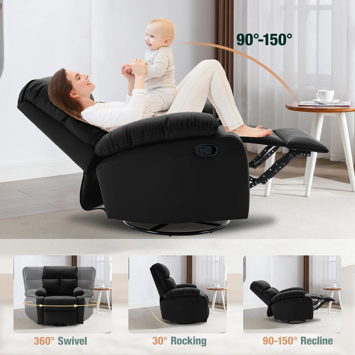Small Black Swivel Recliner Chair with Adjustable Footrest E368571