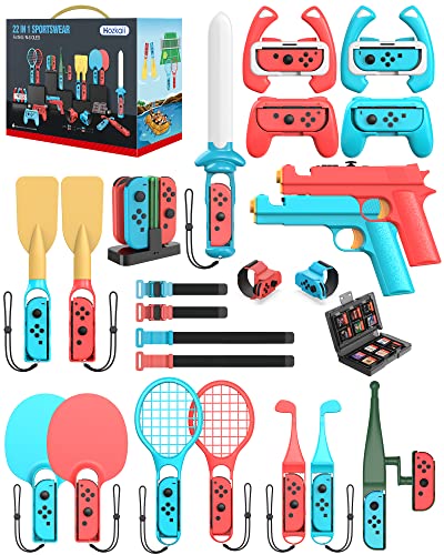 22 in 1 Switch Sports Accessories Kit with Charging Dock, Game Guns, Tennis Rackets, Golf Clubs, Wrist Bands & Leg Strap O87552