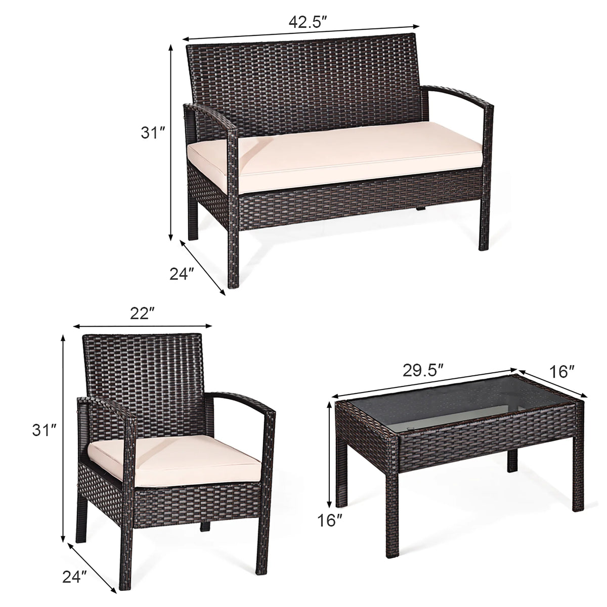4 Pc Cushioned Patio Rattan Conversation Furniture Set E9294