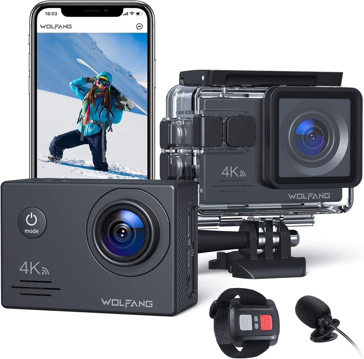 4K 30FPS 20MP Waterproof Action Camera with Remote Control, 2x1050mAh Batteries and Mount Accessories Kit E672800