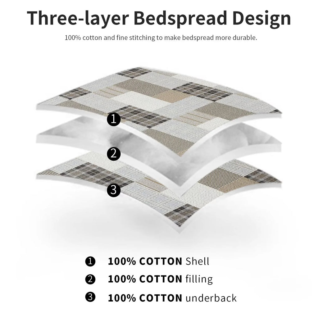 King Size 100% Cotton Beige Brown Patchwork Plaid Quilt Set 3-Piece K5475