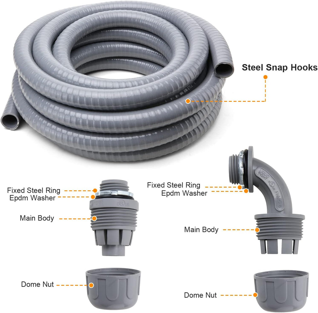 1 in. 50ft Flexible Non Metallic Liquid Tight Electrical Conduit Kit with 5 Straight and 3 Angle Fittings F46571